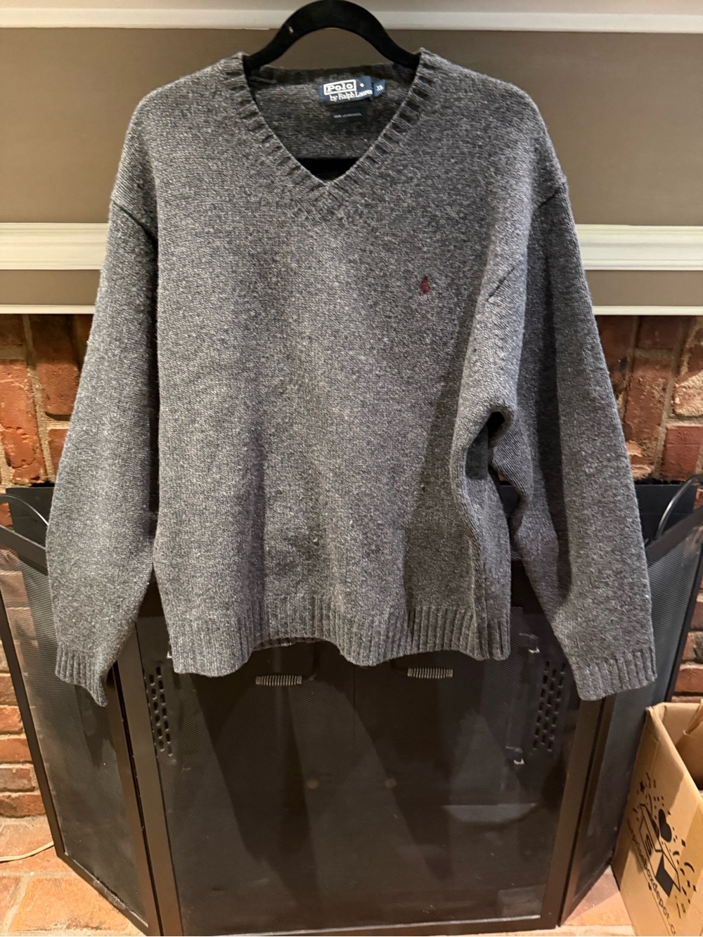Vintage Polo Ralph Lauren Gray 100% Lambswool V-Neck Sweater Red Pony XL